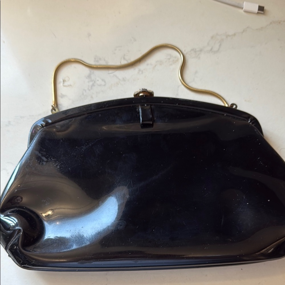 Vintage Black Clutch with Glossy Finish and Metal Handle